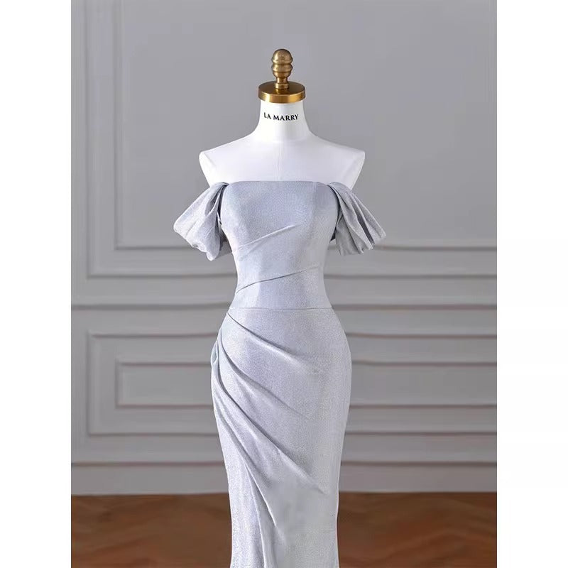 2025 Silver shoulder toast suit sexy slim annual meeting catwalk host evening dress fish tail waist dress women