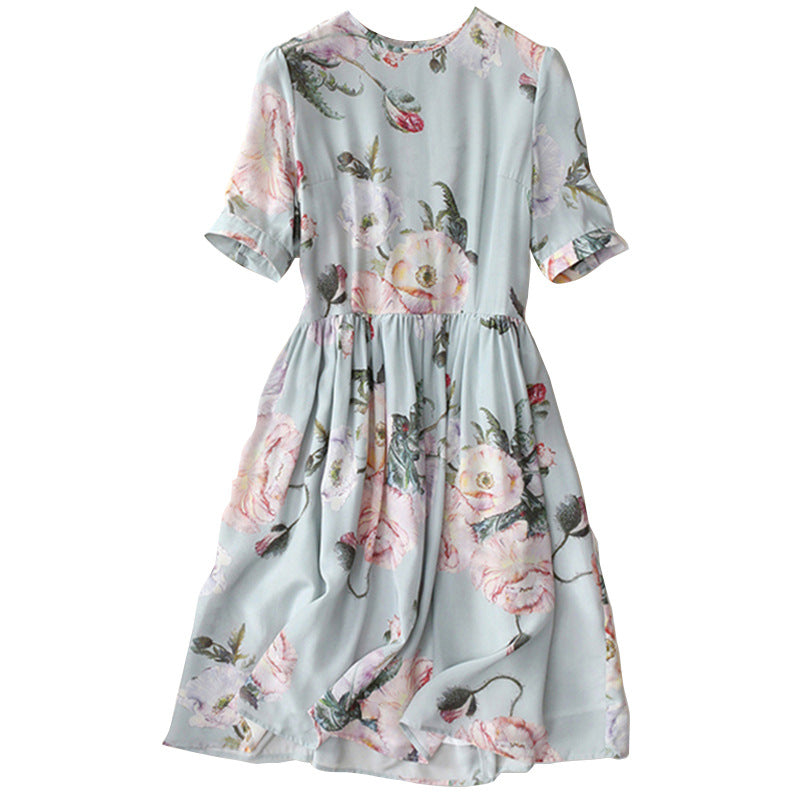 2025 Silk dress women's summer new casual versatile GAO end printed mulberry silk temperament women's mid-skirt