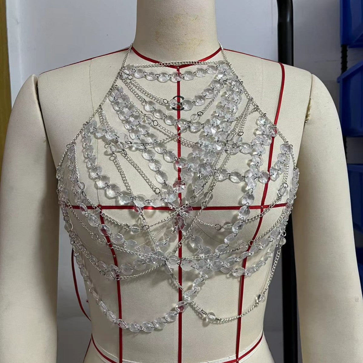 2025 L4961Y real shot metal chain hanging neck sexy transparent diamond small vest nightclub party fashion halter sling