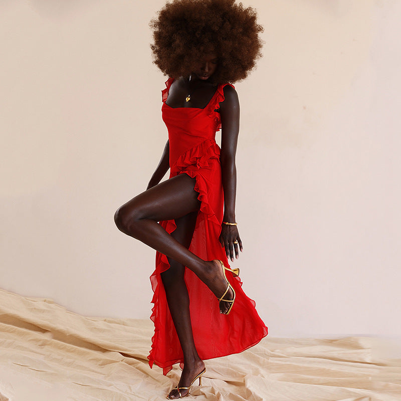 XAKXX African women's sexy evening dress ruffle edge sleeveless solid color suspender dress backless split figure dress