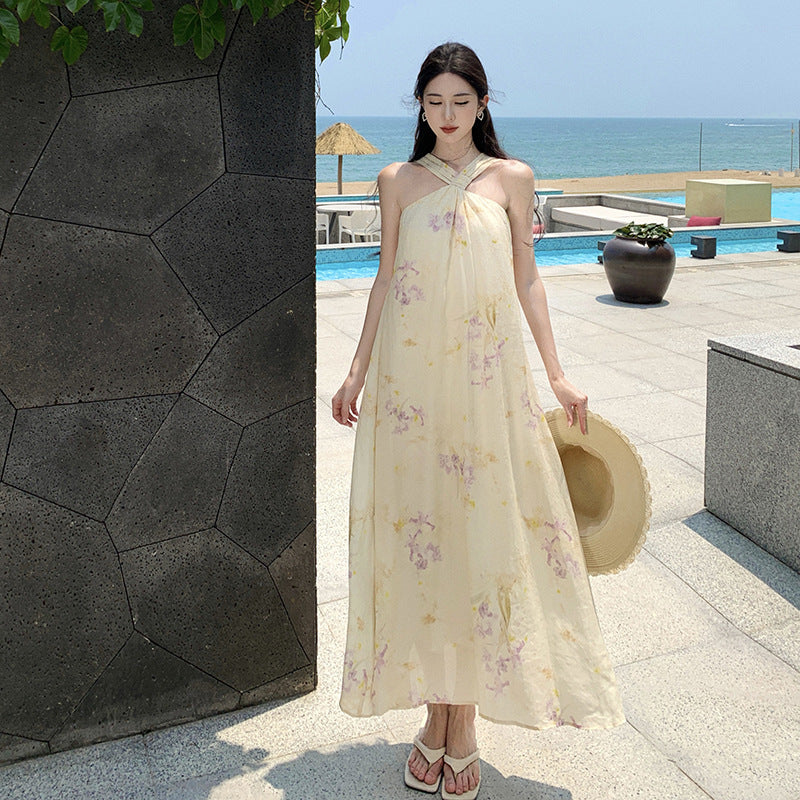 2025 holiday style print neck dress female summer fairy gentle seaside photo sleeveless beach long skirt