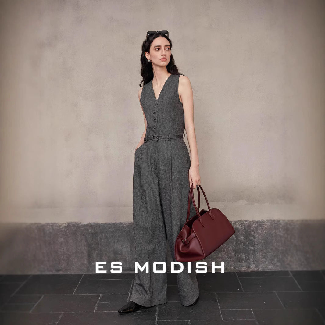 2025 ES MODISH spring new Korean version niche V-neck sleeveless waist denim jumpsuit (with belt) girls