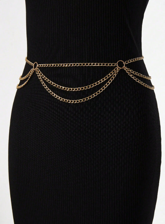 3412 new New hot-selling metal chain gold multi-layer splicing fashionable versatile wave fringed chain waist chain waist jewelry