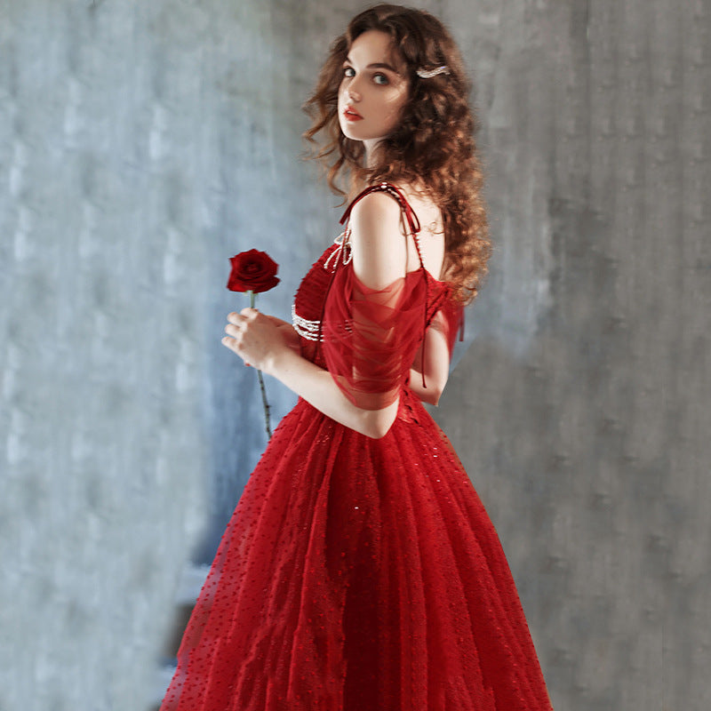 Burgundy host heavy industry light luxury toasting clothes nail beads annual meeting one-word shoulder model catwalk starry sky adult dress
