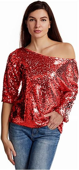XAKXX 2025 new new loose sequin slanted shoulder short sleeve casual sequin deep V shirt