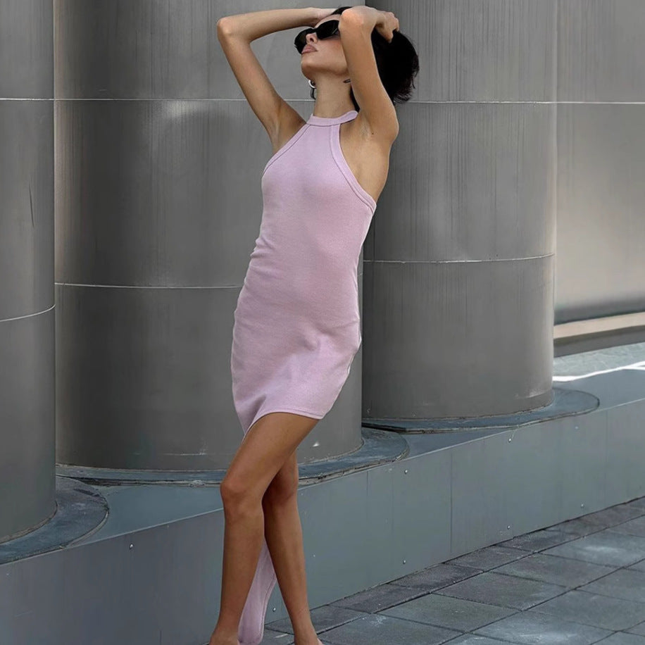XAKXX Sexy pink knitted neck halter design slim dress New autumn and winter new sleeveless long dress