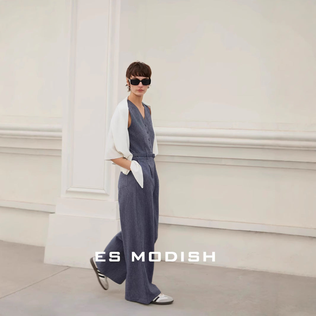 2025 ES MODISH spring new Korean version niche V-neck sleeveless waist denim jumpsuit (with belt) girls