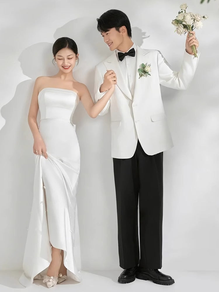 2025 tube top light wedding dress bridal travel photography simple high-end satin door yarn fishtail dress temperament small trailing
