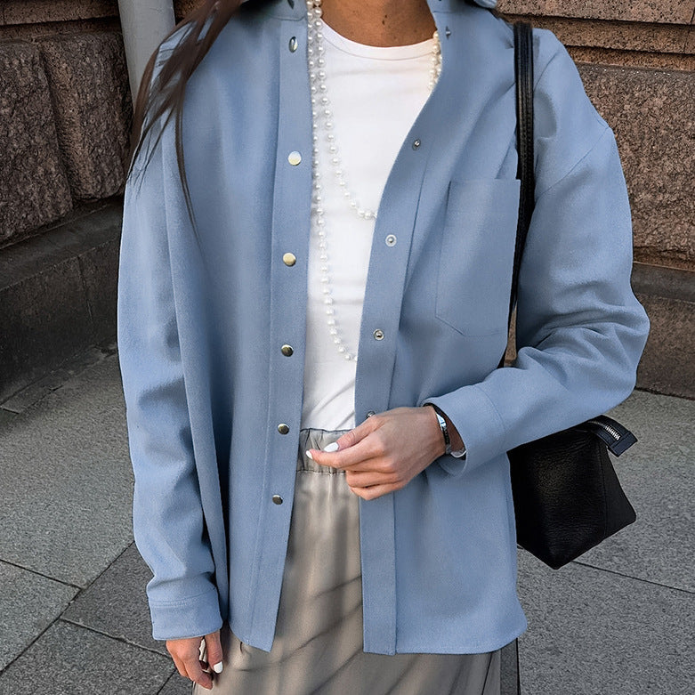 XAKXX 20252025 pure cotton versatile high-end blue coat popular autumn and winter new niche simple lazy long-sleeved top