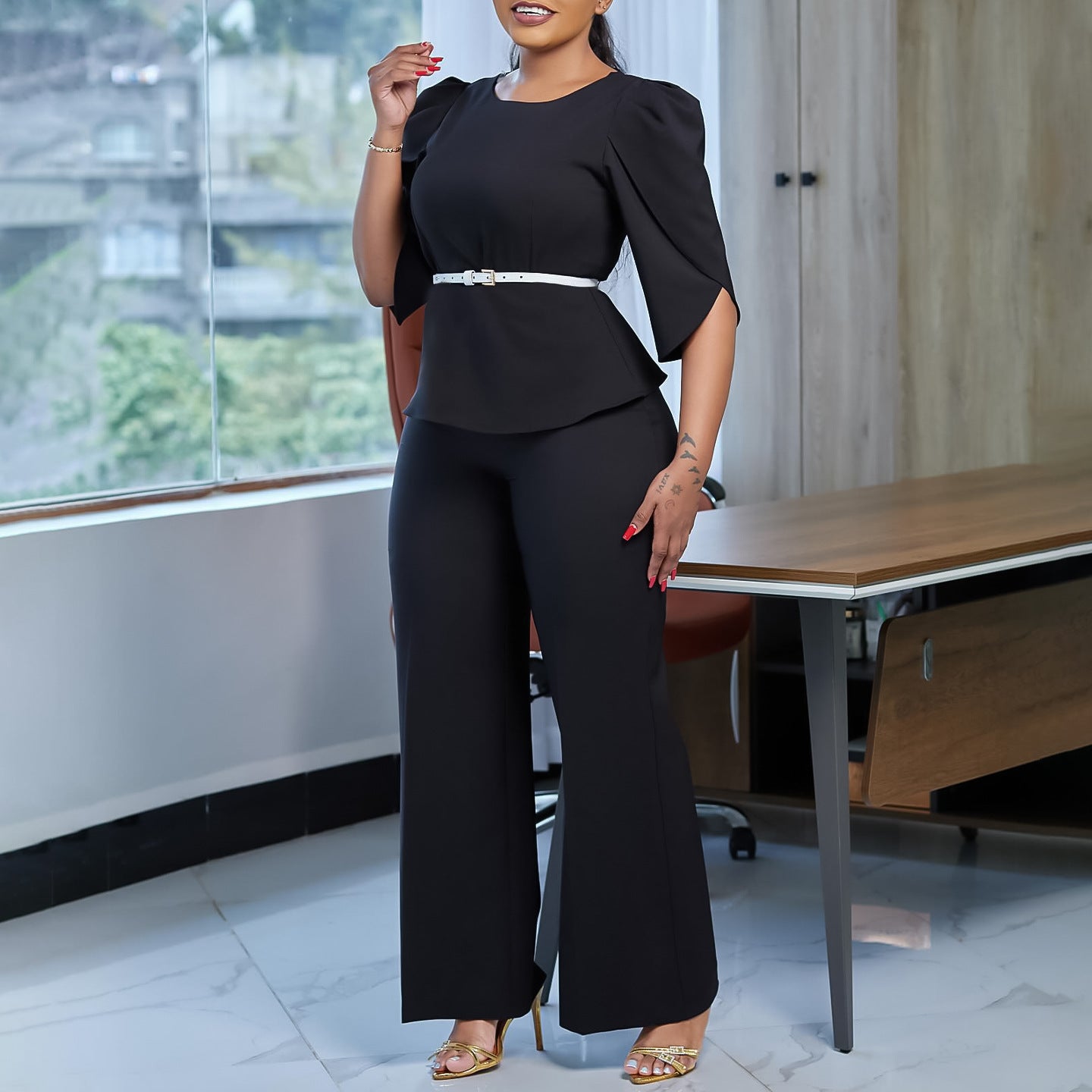 2025 D558 Popular trade women's clothing 2025 new fashion temperament elegant solid color top wide leg pants two-piece set 2025 suit