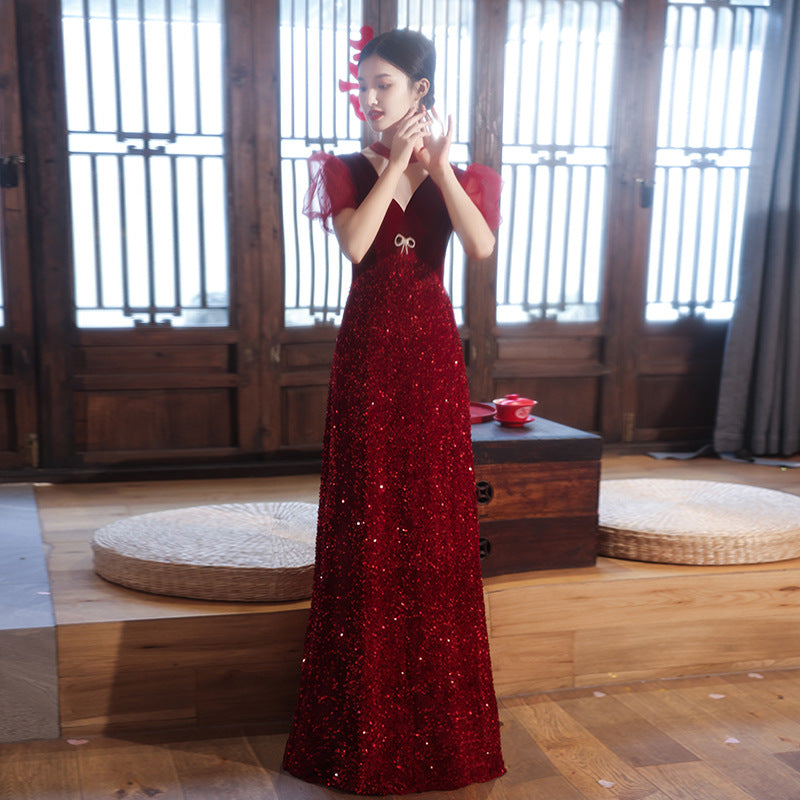 Toast Bride popular New Burgundy Engagement Dress Cross-border Feeling Pavilion Banquet Wedding Evening Dress Women