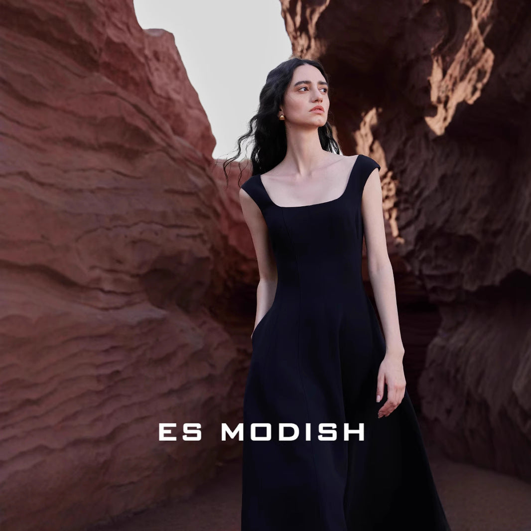 2025 ES MODISH spring new high-end explosion square collar halter waist suspender small black dress dress women