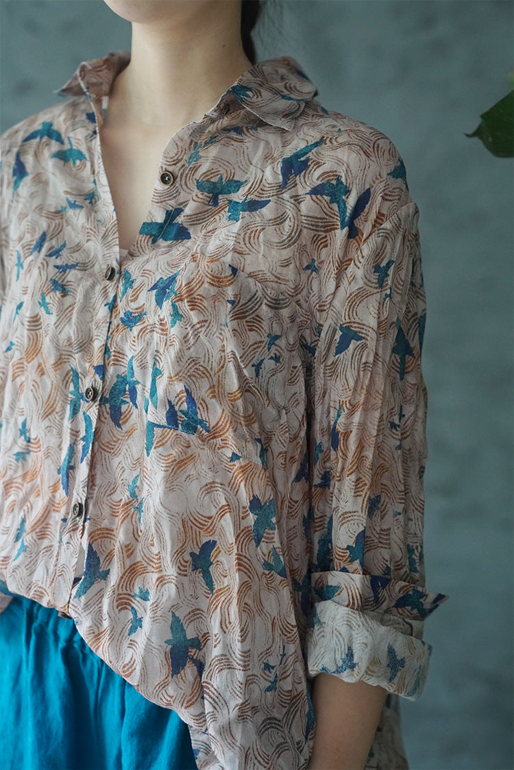 casual literary ramie printed versatile shirt, Wenqing trendy loose sunshade long-sleeved top S21041