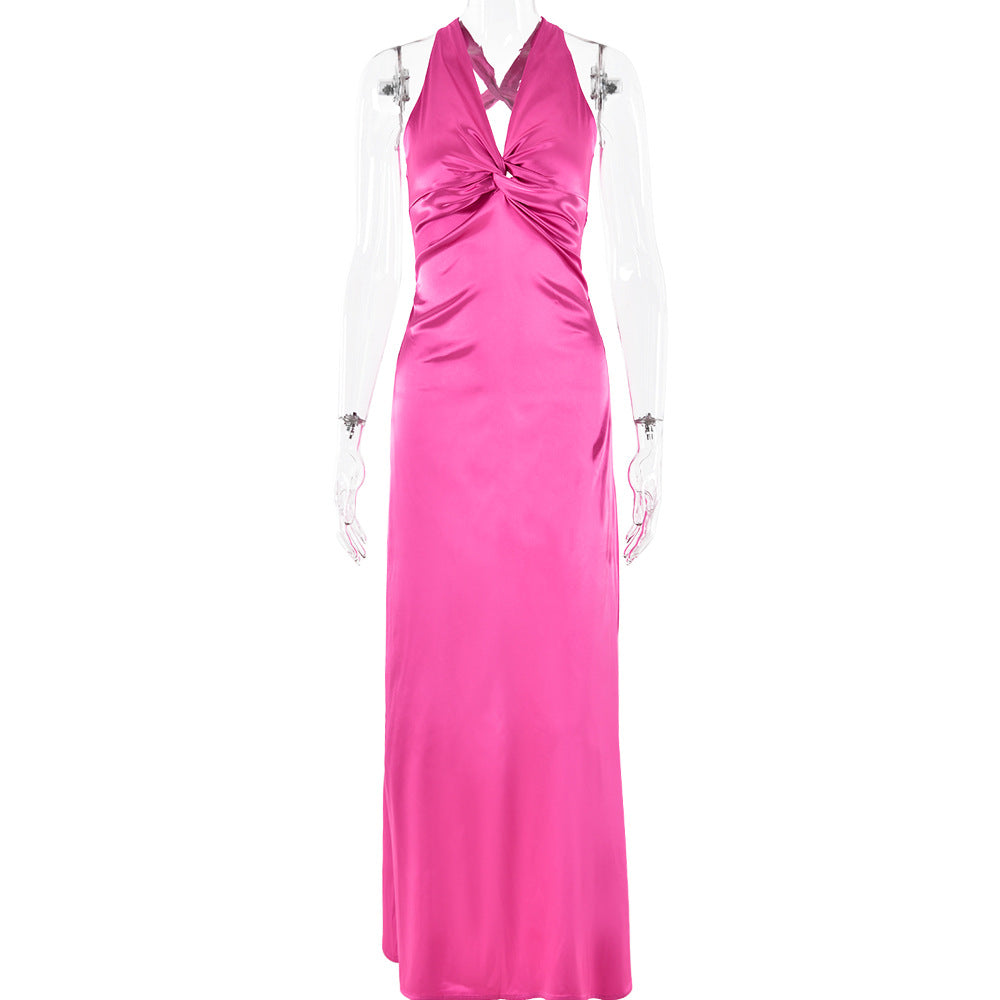 2025 New ins hot sales of new models, fashionable and sexy V-neck strap backless dress slim satin dress
