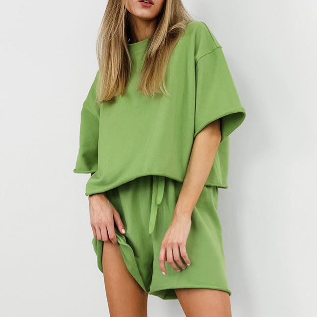 XAKXX Green short-sleeved shorts casual sports suit 2025 early spring 2025 new fashion cross-border wholesale two-piece set women