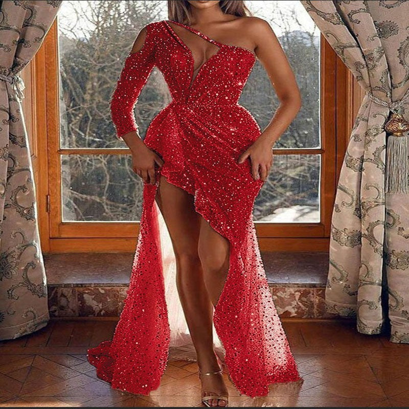 XAKXX Feminine light luxury celebrity sexy dress high split leg sequined evening dress 2025 single shoulder fashion women's skirt