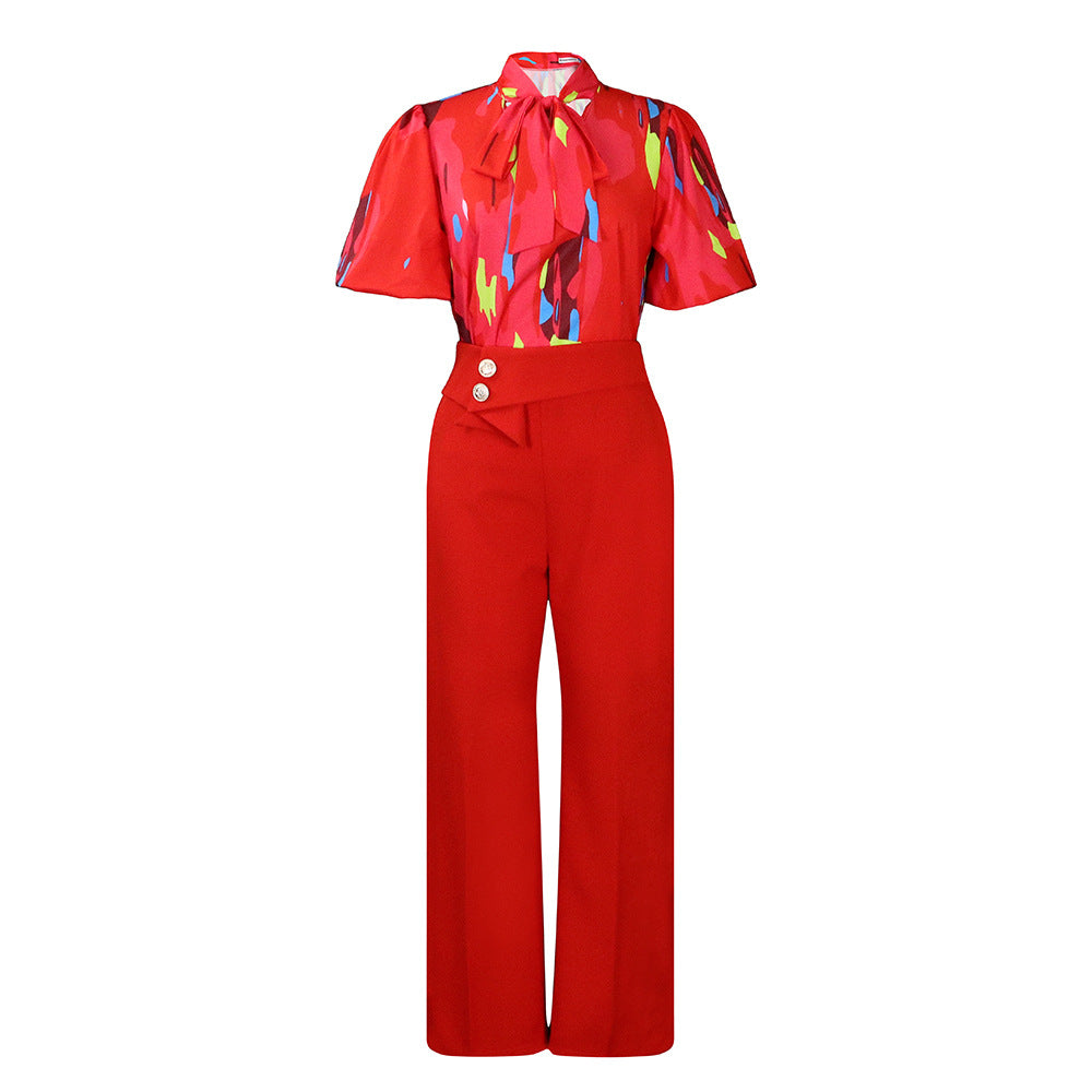 2025 D341 2025 new summer printed stand-up collar long-sleeved shirt top wide-leg pants fashion suit New two-piece set