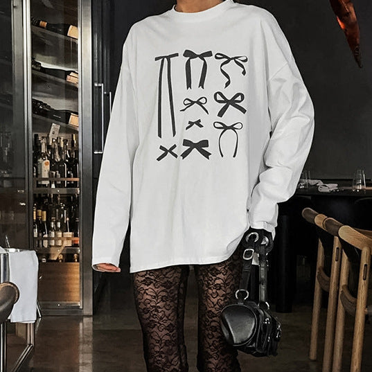 XAKXX 2025Crew neck loose pullover bow graffiti printing casual T-shirt popular 2025 autumn and winter fashion new inner women