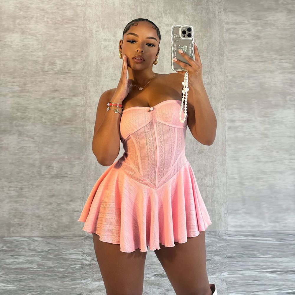 51150 Hot Girl Women's Clothing European and American Stretch Chest-Wrapped Dress Hollow Backless Zipper off-Shoulder Pleated Princess Dress