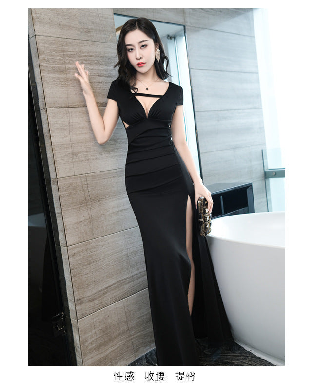 Long Evening Dress Sexy Slimming and Skinny Deep V Split Car Model Dress Hotel Nightclub Foot Bath Technician's Clothing 5315