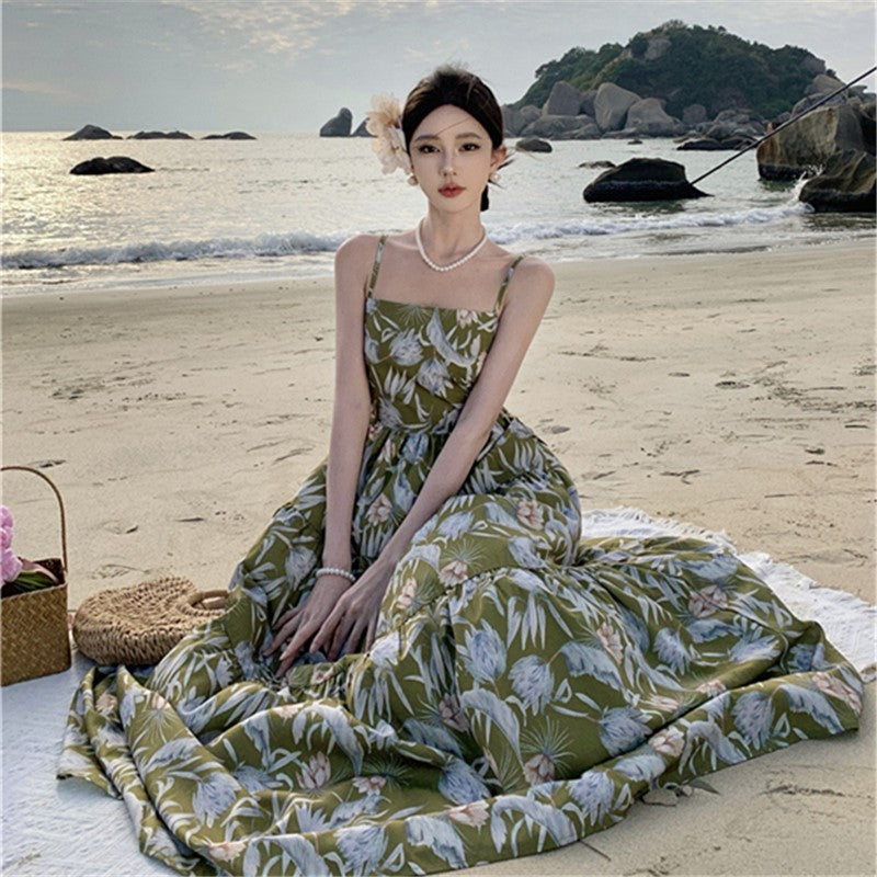 2025 romantic vacation style beautiful dating flower suspender waist halter thin Sanya seaside travel dress