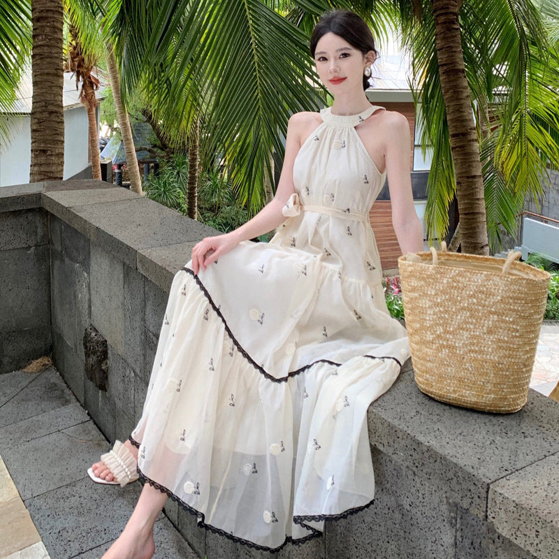 2025 Seaside vacation dress super fairy high sense retro embroidery neck beach dress bow A word pendulum