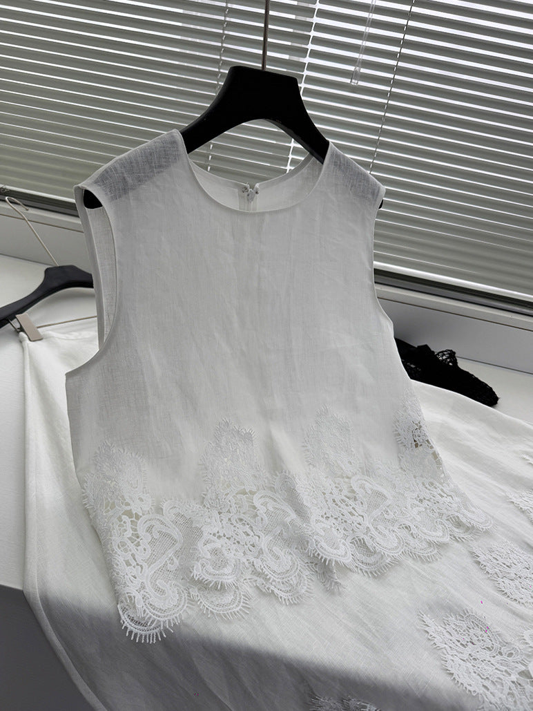 2025 Heavy water-soluble lace splicing linen crew neck vest elegant skirt women, two-piece set