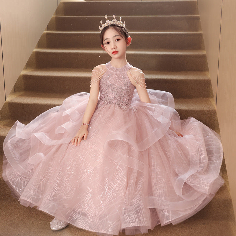 Children's Dress Girls Birthday Princess Dress Dresses of Bride Fellow Kids Light Luxury Minority Children Host Piano Performance Pink
