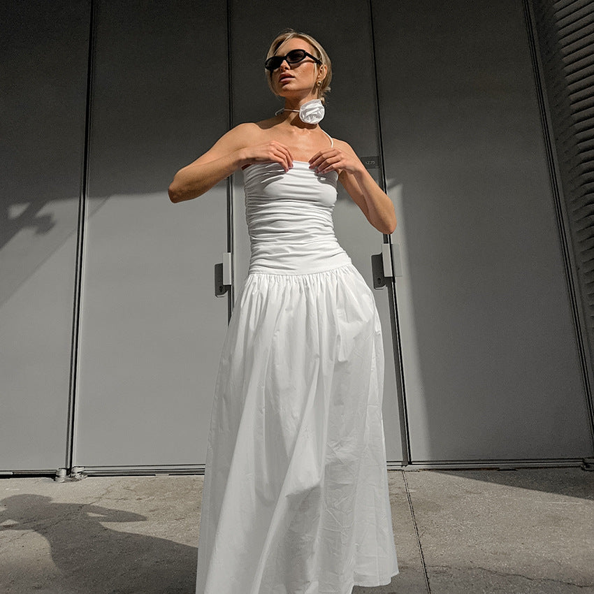 XAKXX 2025Autumn white temperament off-the-shoulder suspender slim tube top low-rise slim dress 2025 fashion flower dress