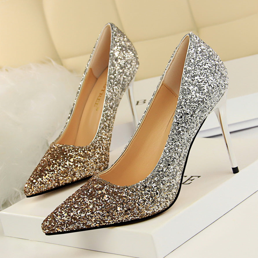 2025 9219-10 style women's shoes high heels light mouth pointed head sexy and thin nightclub color gradual change sequined single shoes