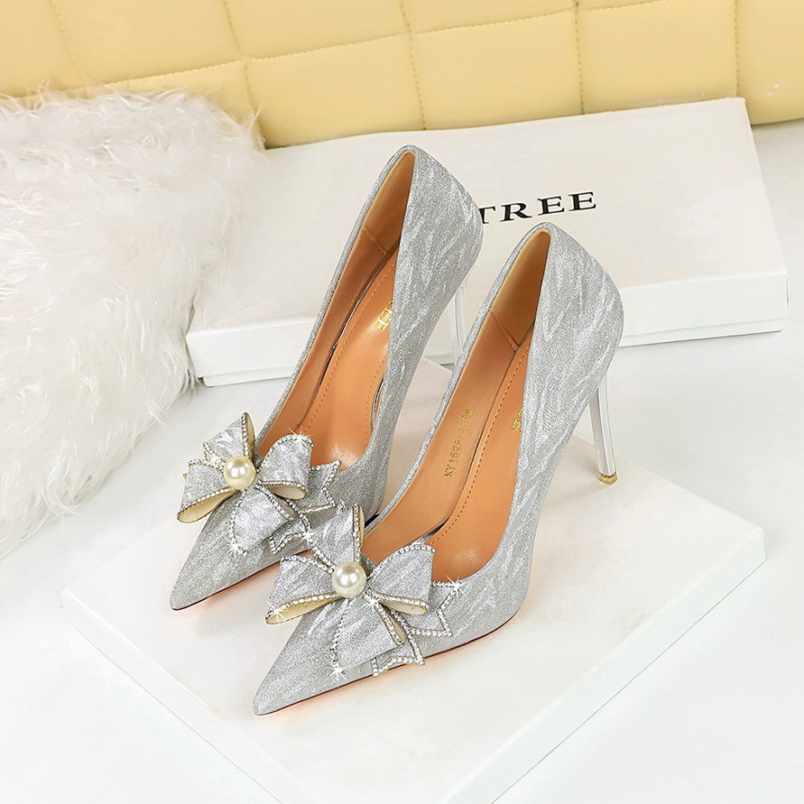 2025 1829-H15 style banquet high heels thin heel super high heel shallow mouth pointed pearl rhinestone bow single shoes