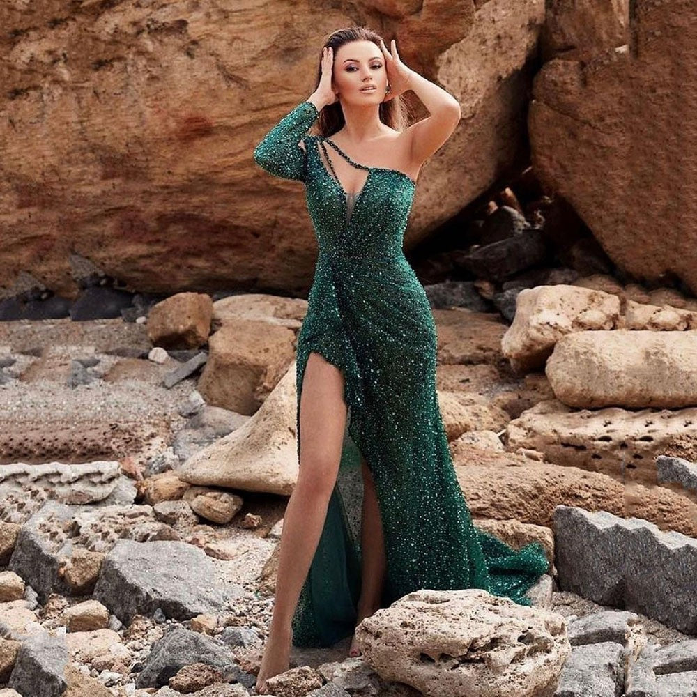 XAKXX Feminine light luxury celebrity sexy dress high split leg sequined evening dress 2025 single shoulder fashion women's skirt