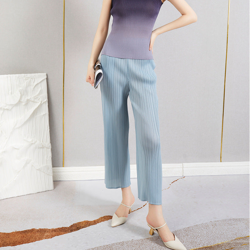 2025 wide-leg pants women's summer new high-waisted versatile elastic waist loose commuter straight pants pleated casual pants