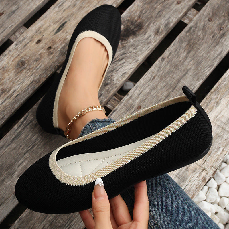 xakxx Spring New Color Matching Foreign Trade plus Size Flat Heel Soft Bottom Pumps Casual Breathable Ladies Hollow out Knitted Shoes