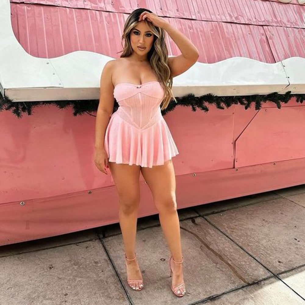51150 Hot Girl Women's Clothing European and American Stretch Chest-Wrapped Dress Hollow Backless Zipper off-Shoulder Pleated Princess Dress
