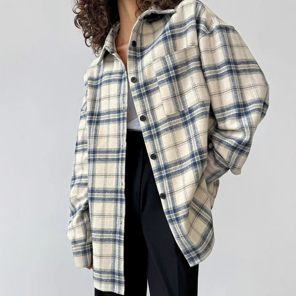 XAKXX American lapel loose plaid long-sleeved women's shirt New 2025 autumn and winter fashion new wholesale coat
