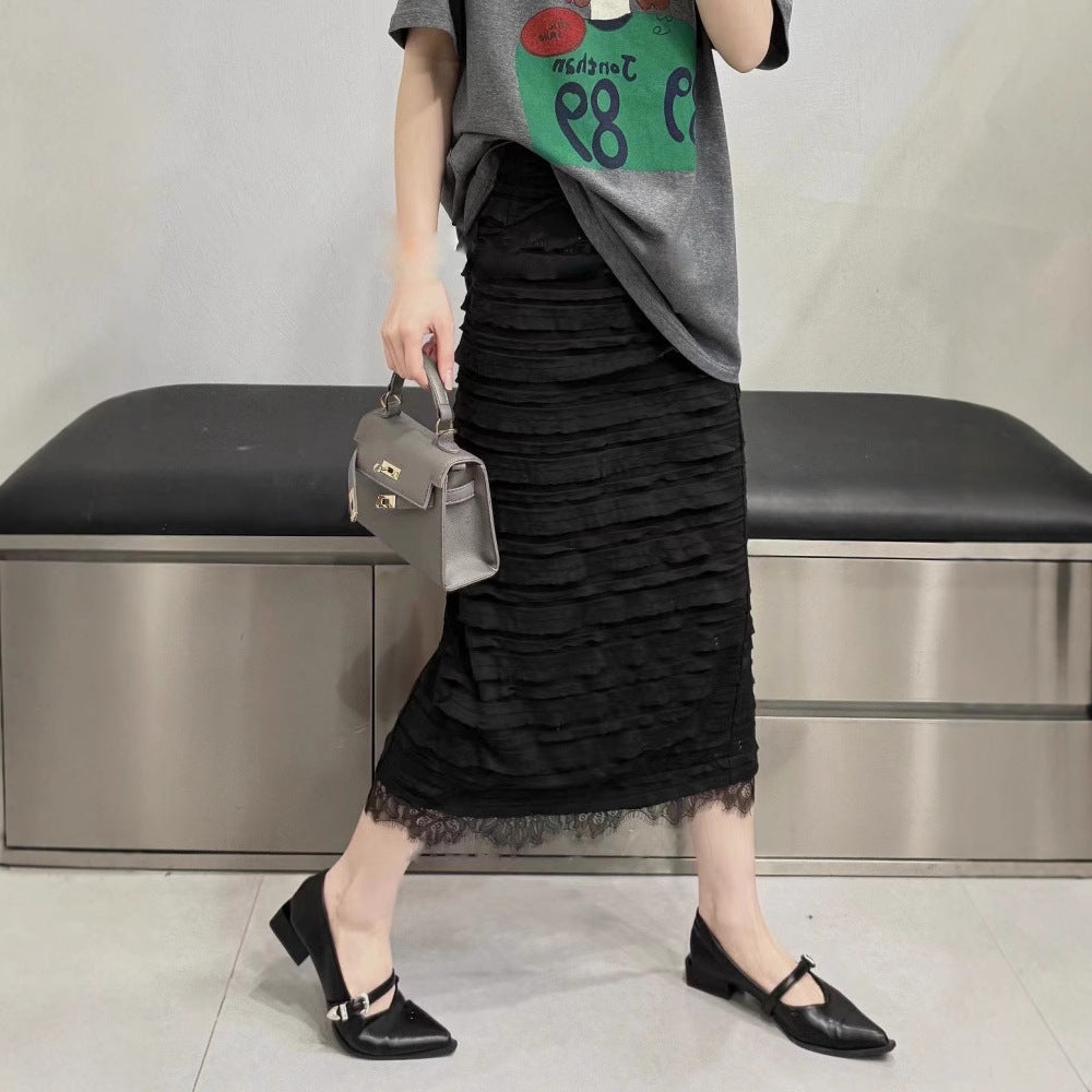 2025 Spring , fashionable pleated hem lace stitching slim versatile skirt