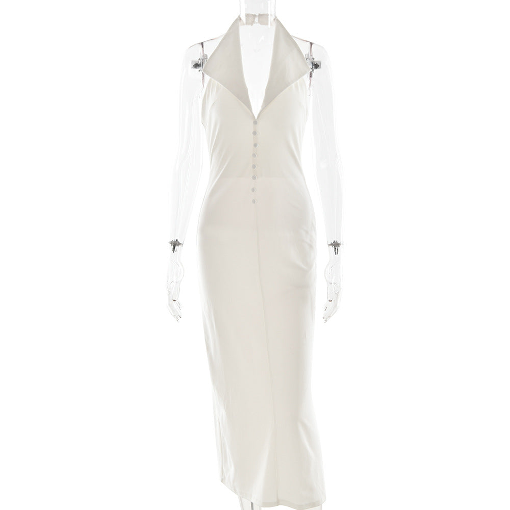 2025 New autumn new neck lapel hip-wrapped long dress fashionable and sexy sleeveless backless slim dress