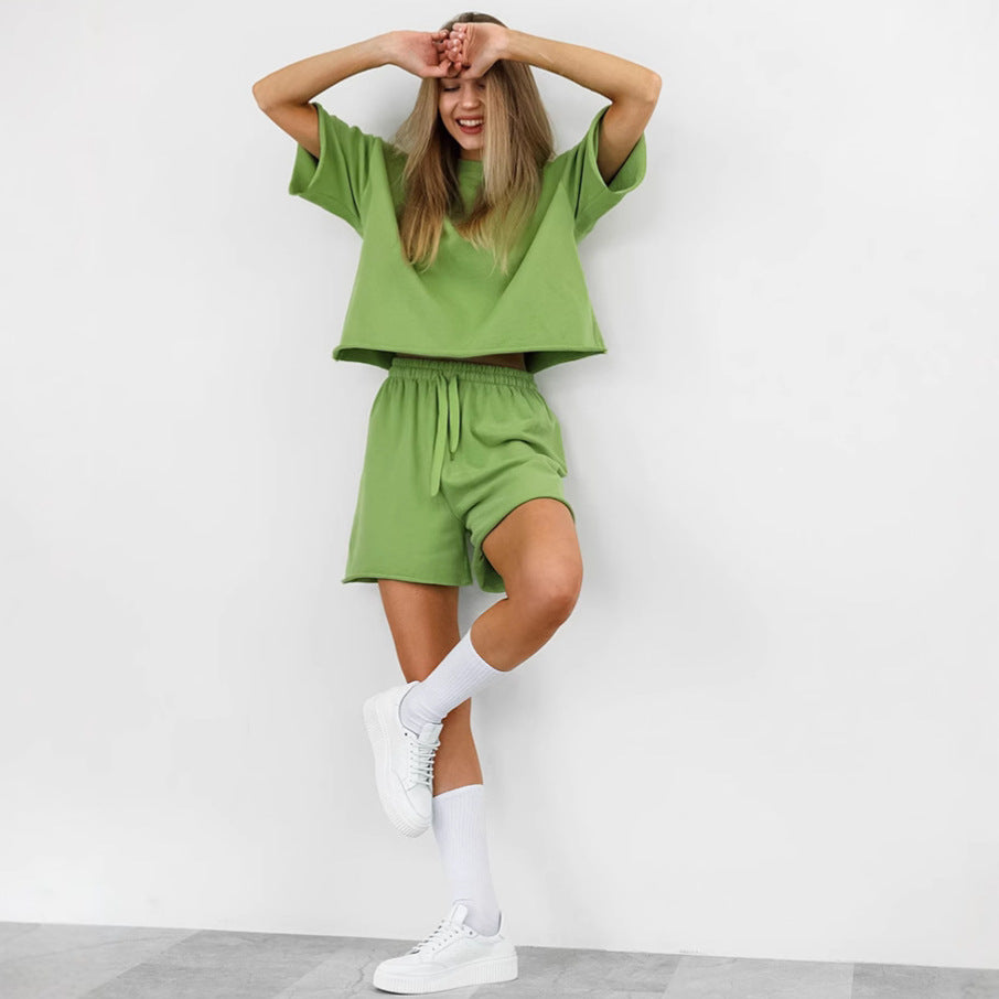 XAKXX Green short-sleeved shorts casual sports suit 2025 early spring 2025 new fashion cross-border wholesale two-piece set women