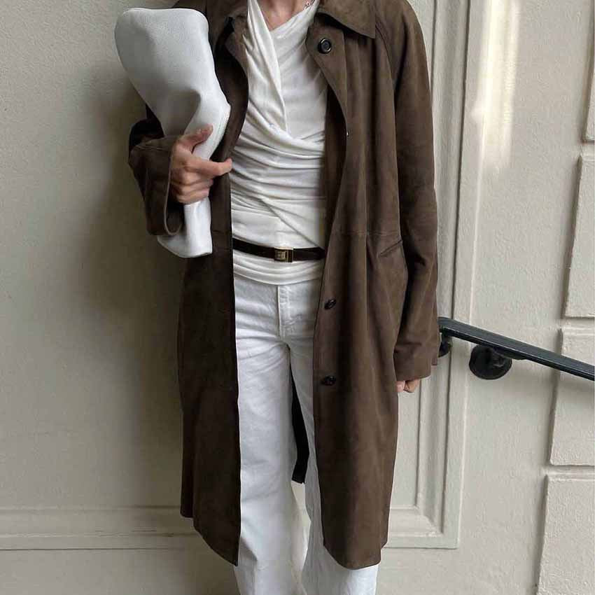 XAKXX 2025 spring and summer casual versatile retro classic brown long knitted suede long-sleeved tooling trench coat women