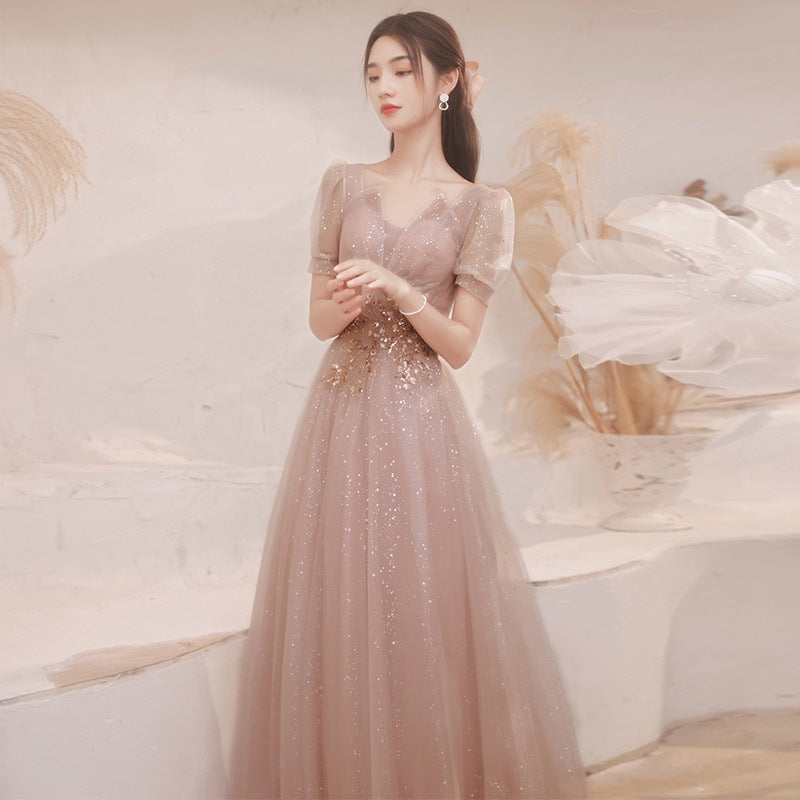 Burgundy toasting dress bride 2025 new spring New wedding return gauze skirt light luxury banquet evening dress