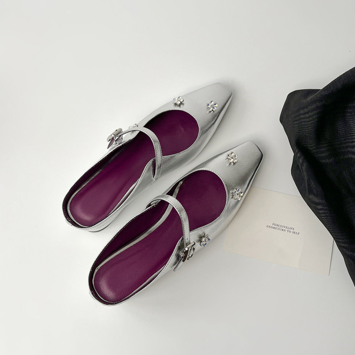2025 Sheepskin version~ rhinestone flower bag head half slippers women's outer wear inner height increase square head temperament Mary Jane single shoes