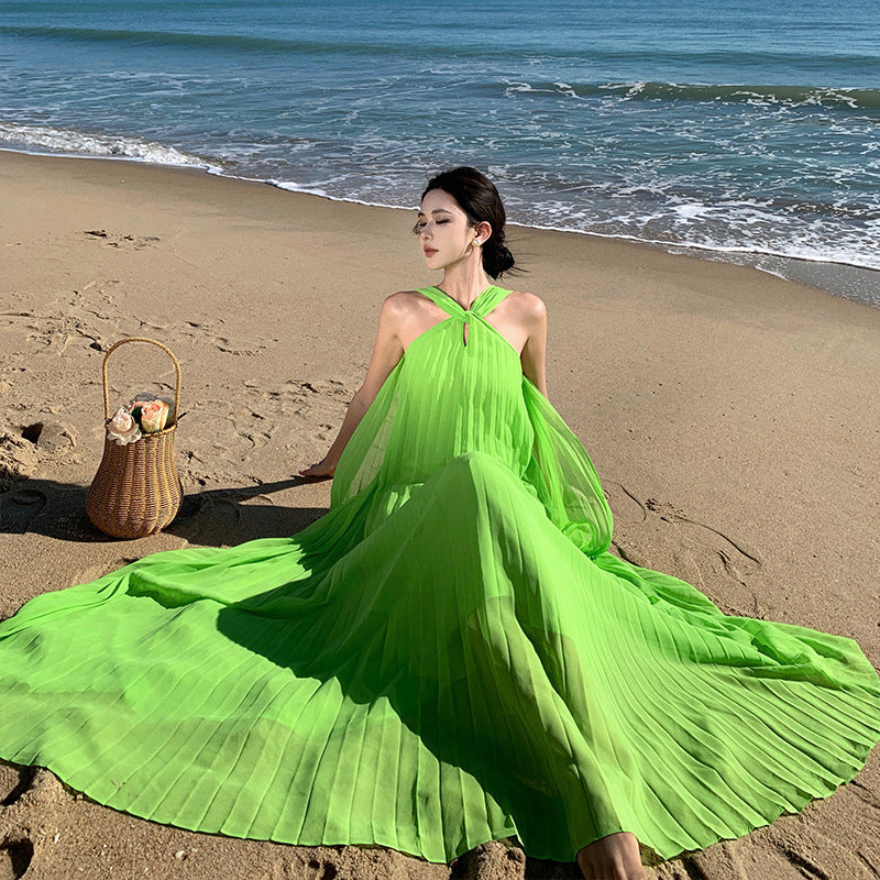2025 romantic streamer neck skirt green pleated pendulum skirt seaside vacation photo beach skirt