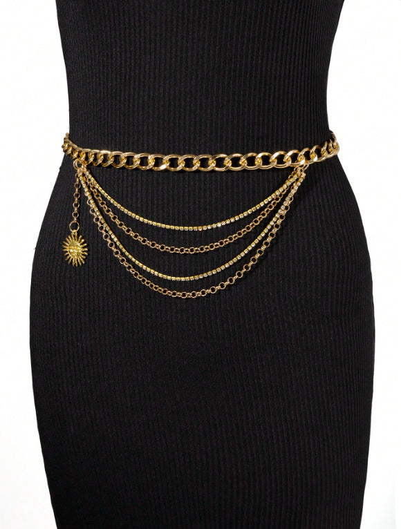 4565 Cross-border hot-selling new multi-layer wave fringed sun pendant chain waist chain exquisite metal chain waist chain belt