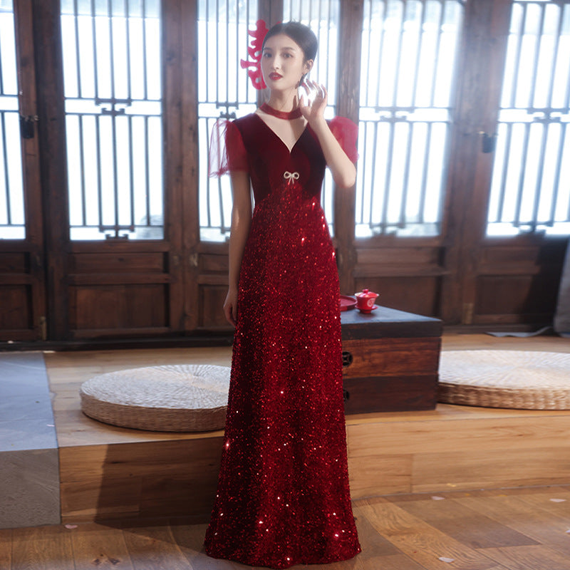 Toast Bride popular New Burgundy Engagement Dress Cross-border Feeling Pavilion Banquet Wedding Evening Dress Women