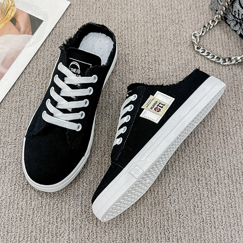 xakxx Spring and Autumn New Canvas Shoes Female Students Half Slippers Slip-on Lofter Versatile Breathable Casual White Shoes Fashion