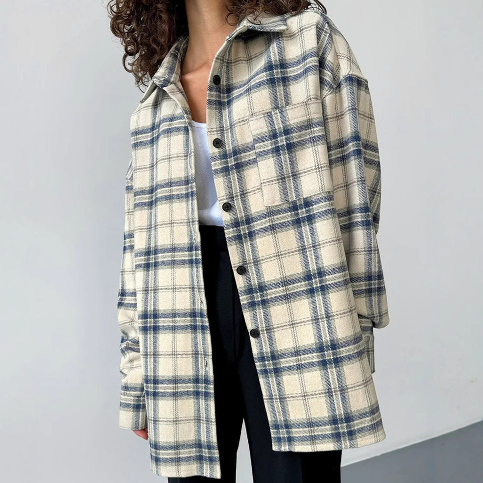 XAKXX American lapel loose plaid long-sleeved women's shirt New 2025 autumn and winter fashion new wholesale coat