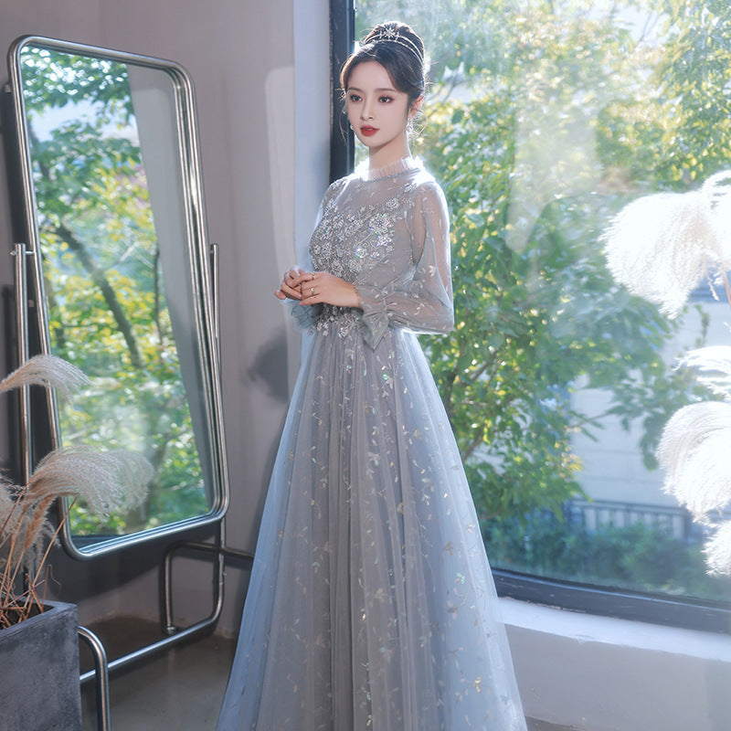 Gray-blue evening dress women's 2025 new banquet fairy temperament art test dress skirt long sleeve birthday party annual ceremony