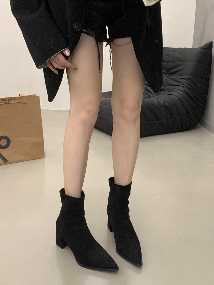 2025 temperament pointed suede thin boots Korean version versatile thick heel short boots women's boots commuter high heel fashion boots