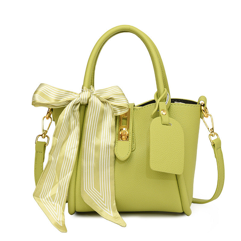 XAKXX 2025 New Fashion Silk Scarf Portable Bucket Bag Women's Bag High-end Litchi Pattern One Shoulder Crossbody Simple Mother and Child Bag